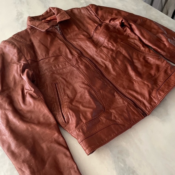 70's Vintage Fantastic International 100% Leather Camel Brown Pilot Jacket - Picture 4 of 15